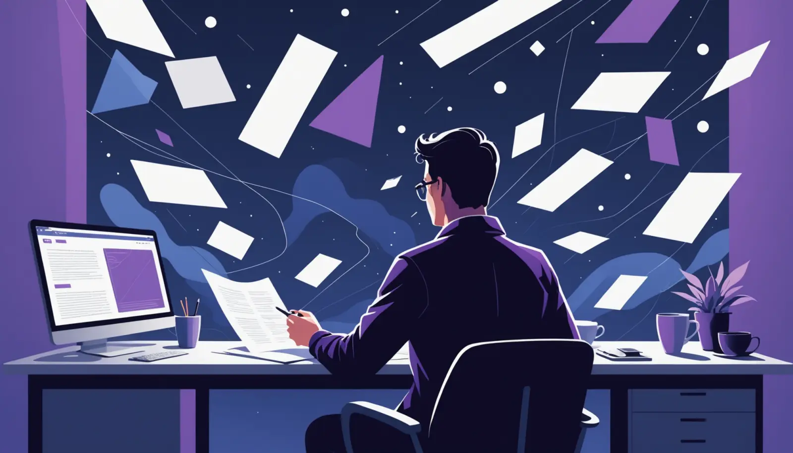 Ilustración: una persona lee con calma un documento en su mesa mientras, al fondo, pasa un torrente de ventanas y avisos.