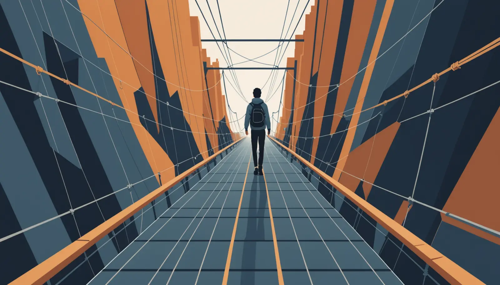 Ilustración plana de una persona de espaldas cruzando un abismo por un puente de varios cables; uno está roto y los demás siguen sosteniendo el paso.