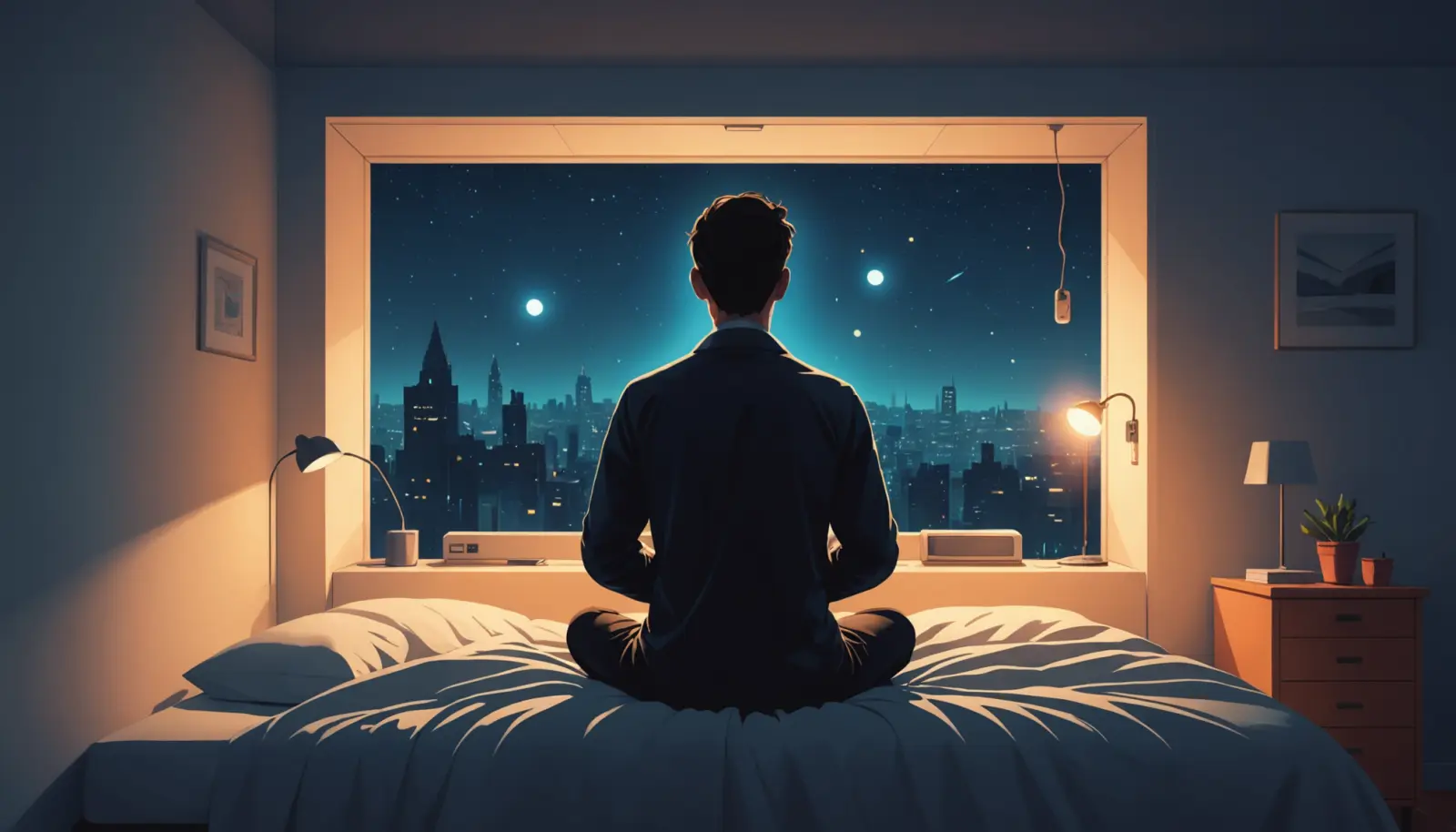 Ilustración plana: una persona de espaldas, sentada en la cama de noche con un dispositivo luminoso; la luz se bifurca en dos caminos, uno hacia una puerta iluminada con un estetoscopio colgado y