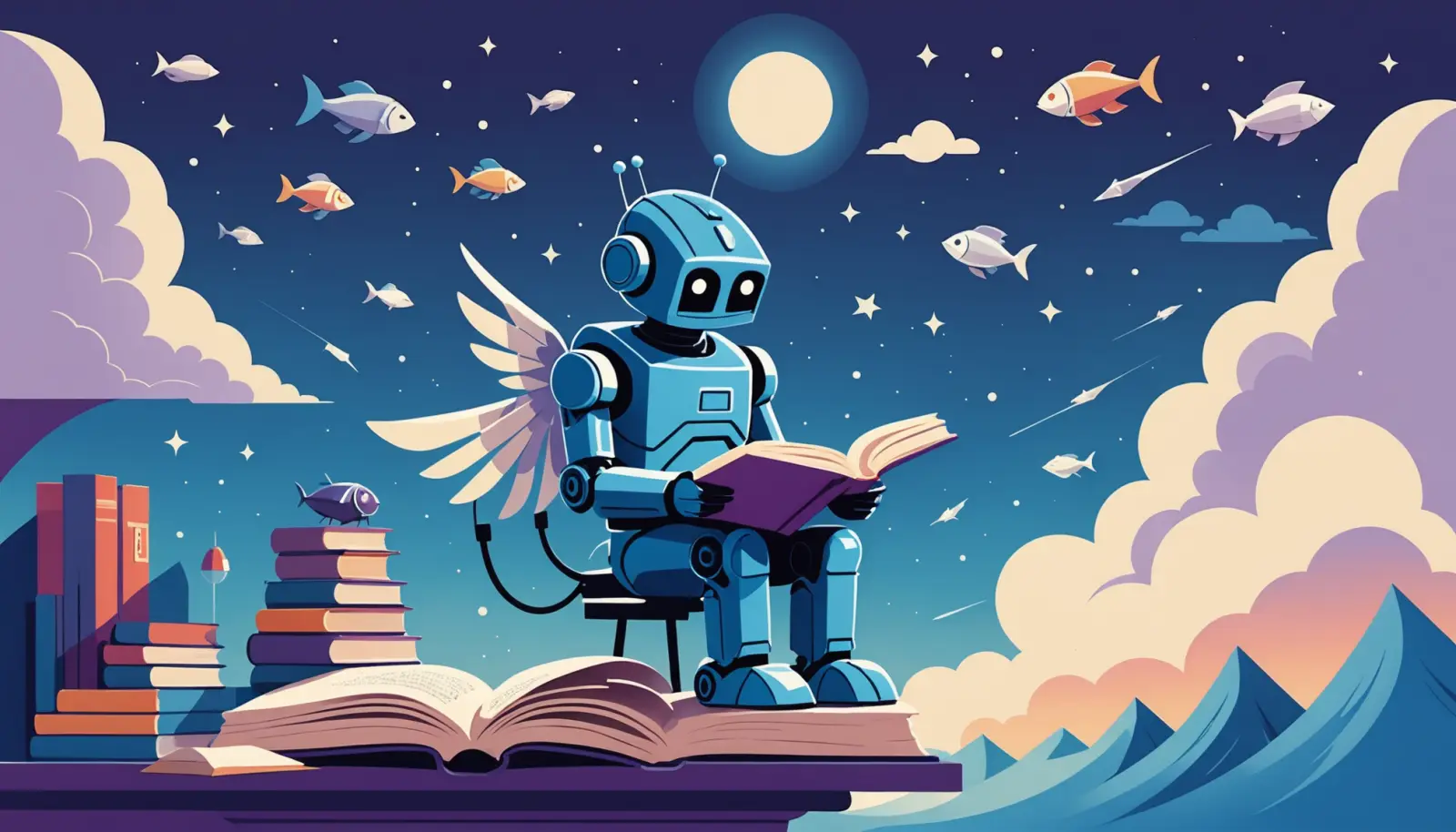 Ilustración: un robot con alas lee un libro abierto mientras a su alrededor vuelan peces entre las nubes.