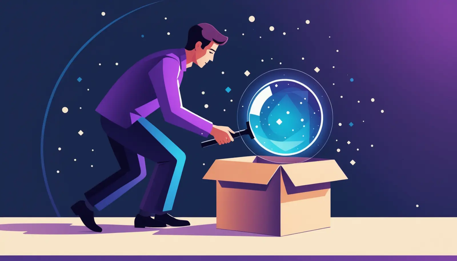Ilustración: una persona examina con una lupa una caja abierta de la que sale una esfera brillante.