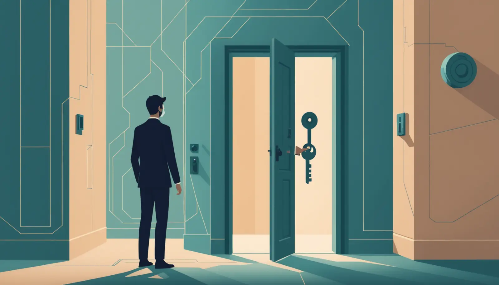 Ilustración plana: una persona de espaldas entrega una sola llave de un llavero grande a una figura robótica geométrica situada ante una puerta; detrás, un pasillo con varias puertas cerradas.