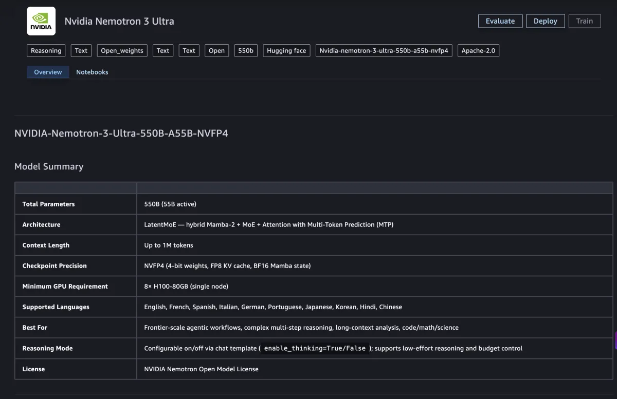 NVIDIA Nemotron 3 Ultra disponible en Amazon SageMaker con 5x más rápido y 30% menos costo