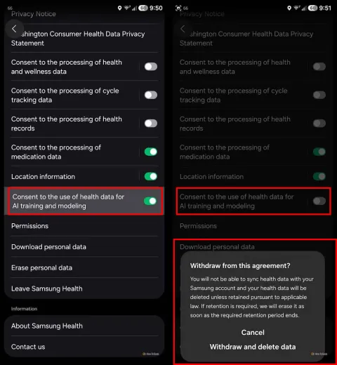Samsung vincula la sincronización de Health al consentimiento para entrenar IA