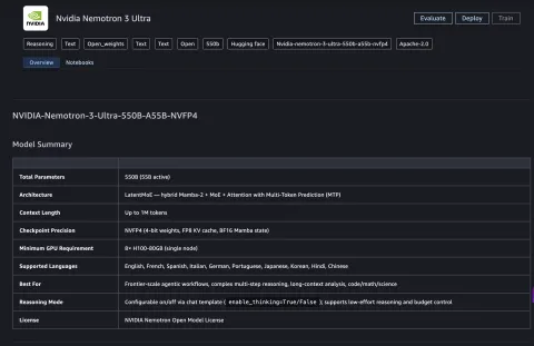 NVIDIA Nemotron 3 Ultra disponible en Amazon SageMaker con 5x más rápido y 30% menos costo