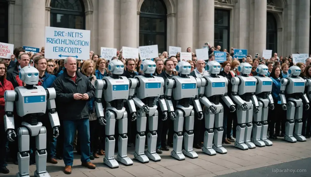 Ilustración generada con IA sobre: Robots humanoides protestan en Varsovia pidiendo regular la IA laboral