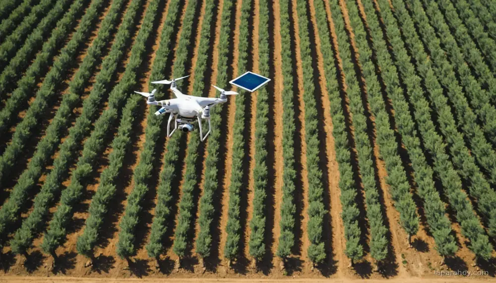 Ilustración generada con IA sobre: Sistema español de drones y sensores de IA optimiza riego en olivos y pistachos
