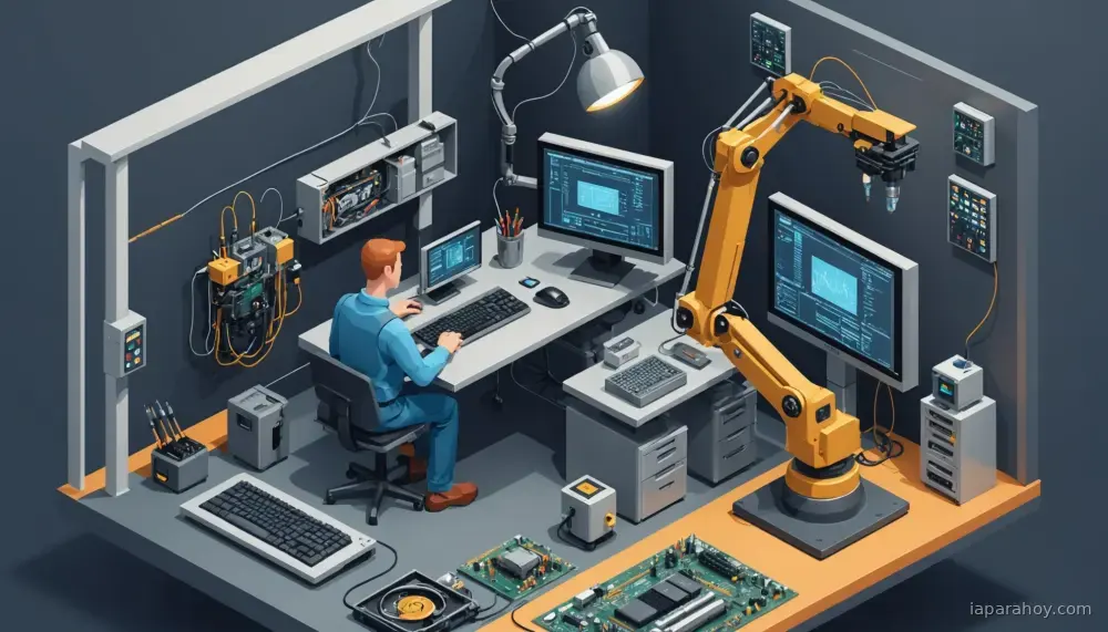 Ilustración generada con IA sobre: Modelos IA resuelven tareas de programación de semanas en horas; robots mejoran 20 veces con IA escalada