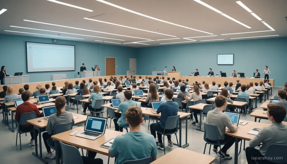 Ilustración generada con IA sobre: Líderes tecnológicos y estudiantes comparten visiones divergentes sobre el futuro de la IA
