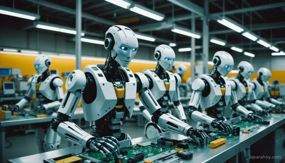 Ilustración generada con IA sobre: China acelera la fabricación y entrenamiento masivo de robots humanoides