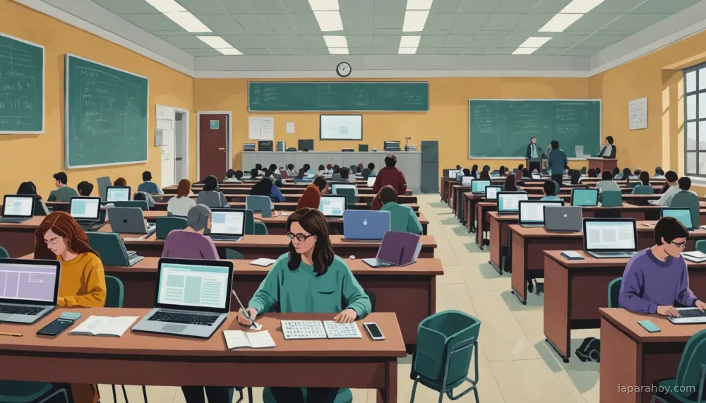 Ilustración generada con IA sobre: Estudio universitario de dos años halla que prohibir la IA en clase perjudica a los estudiantes